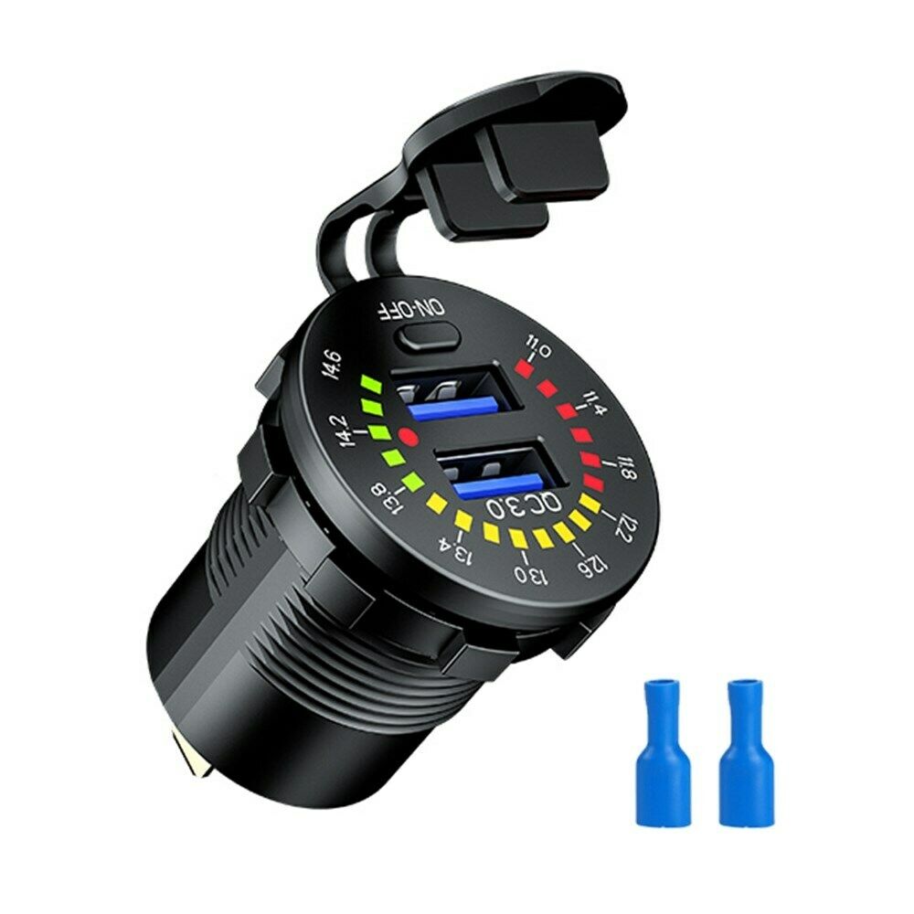 Dual USB Car Charger Socket Power Outlet QC3.0 36W LED Voltmeter for Car Boat