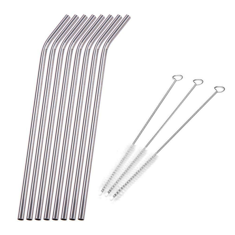 8Pcs Stainless Steel Metal Drinking Straw Straws with 3 Cleaner Brush Kit @
