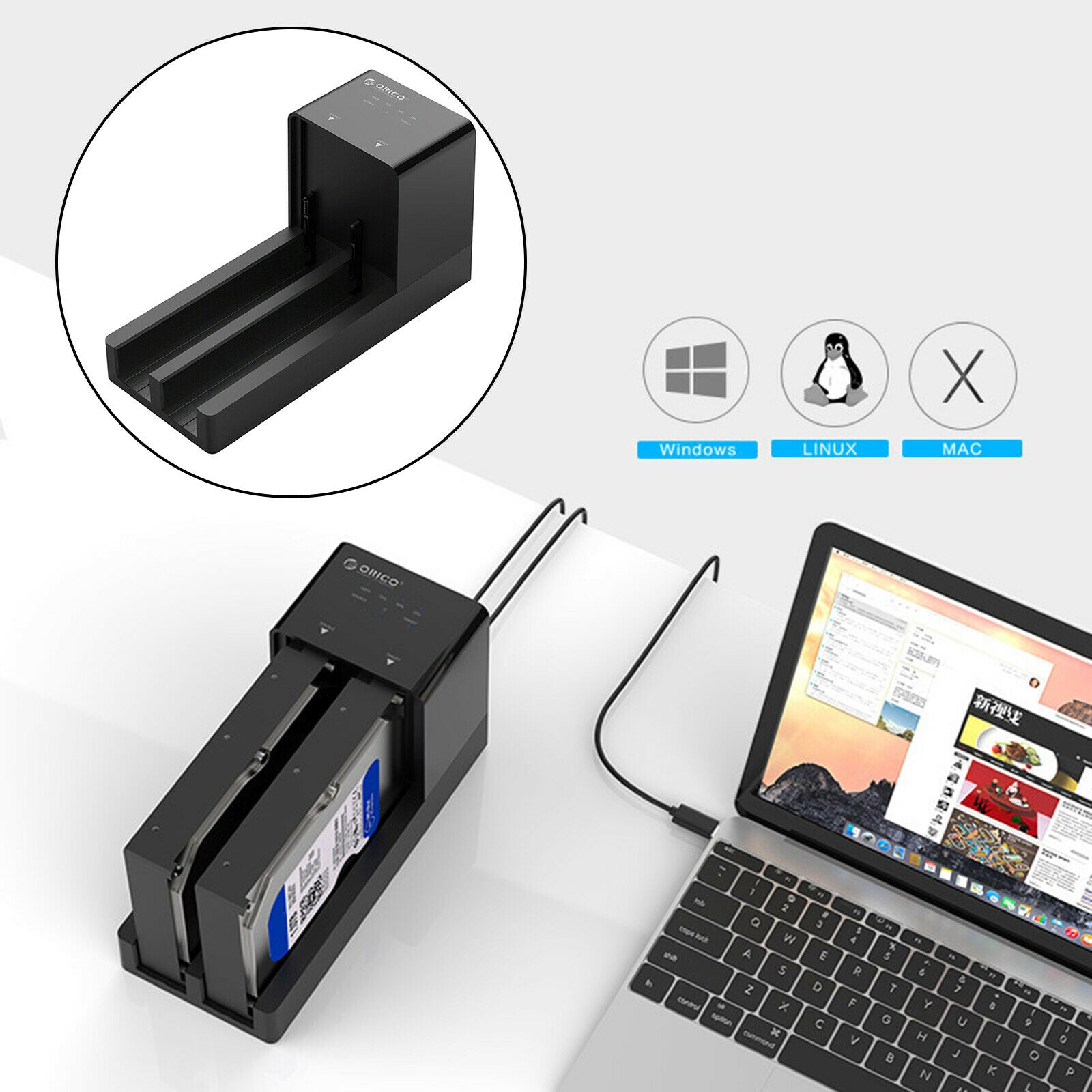 Dual Bay 3.5" HDD Hard Drive Dock Station Enclosure 20TB Capacity Premium