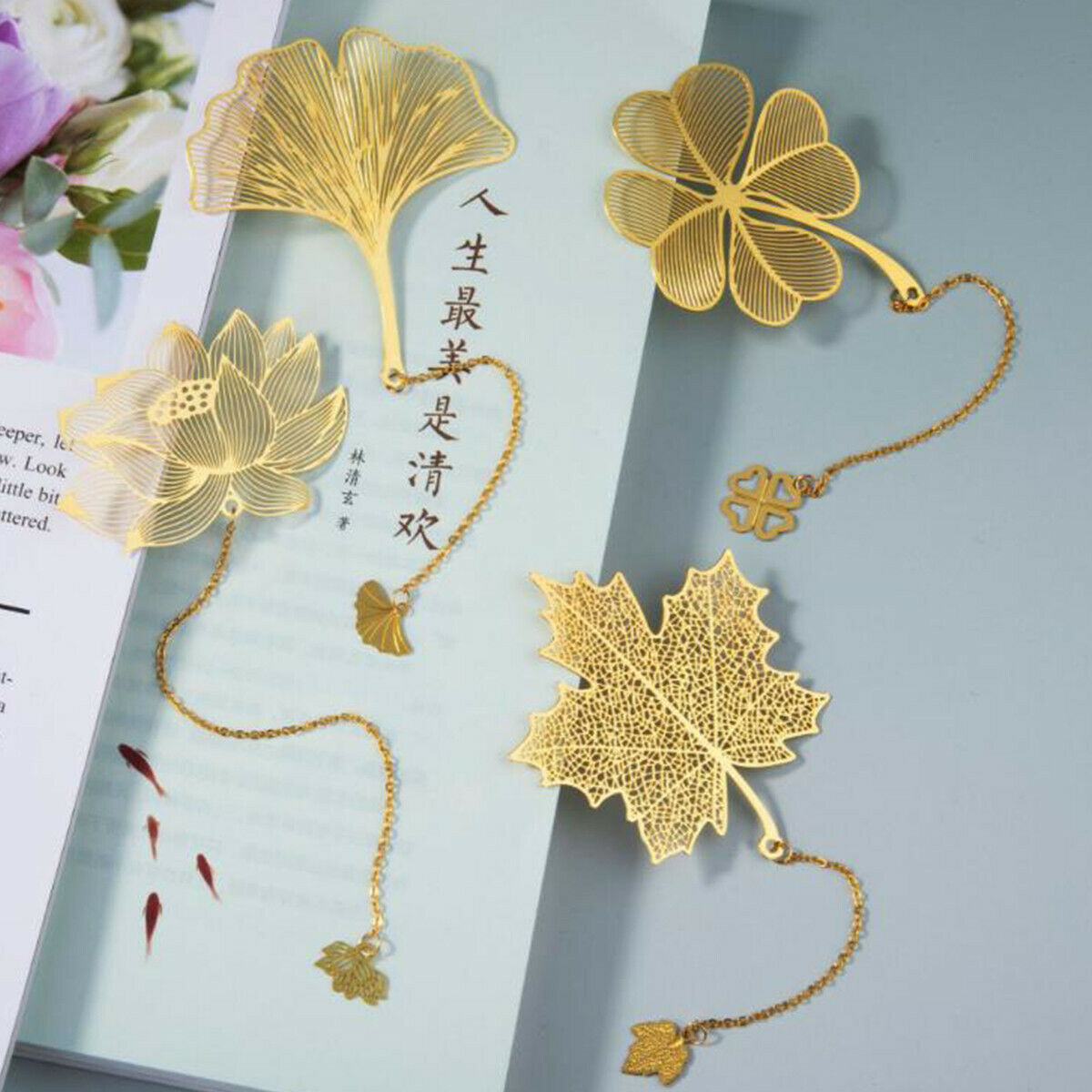 4pcs/set Apricot Book Holder Stationery Leaf Metal Bookmark Chinese Style Tassel