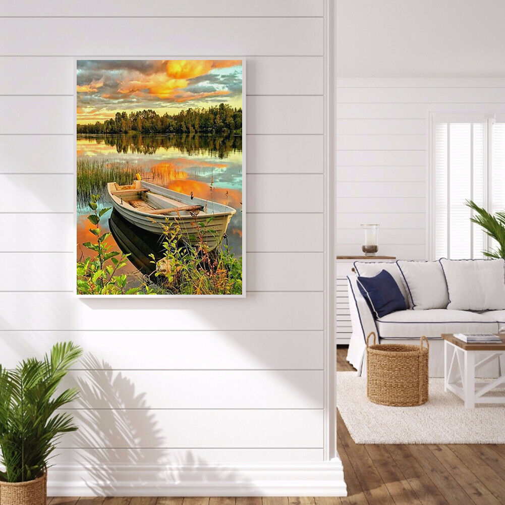 Lake Boat 5D DIY Full Square Drill Diamond Painting Rhinestone Decor Crafts @