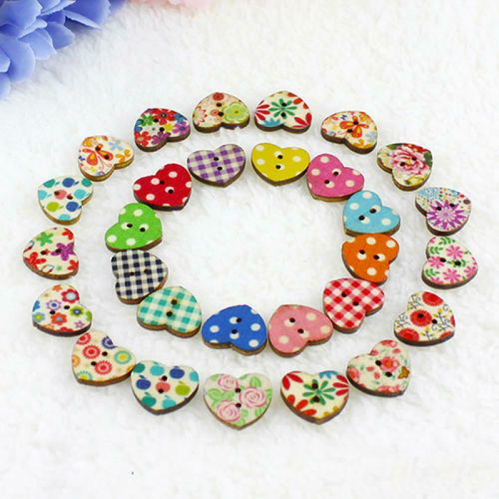 100 PCS Fashion 2 Holes Decor Multicolor Heart Shape Button Wooden Sewing