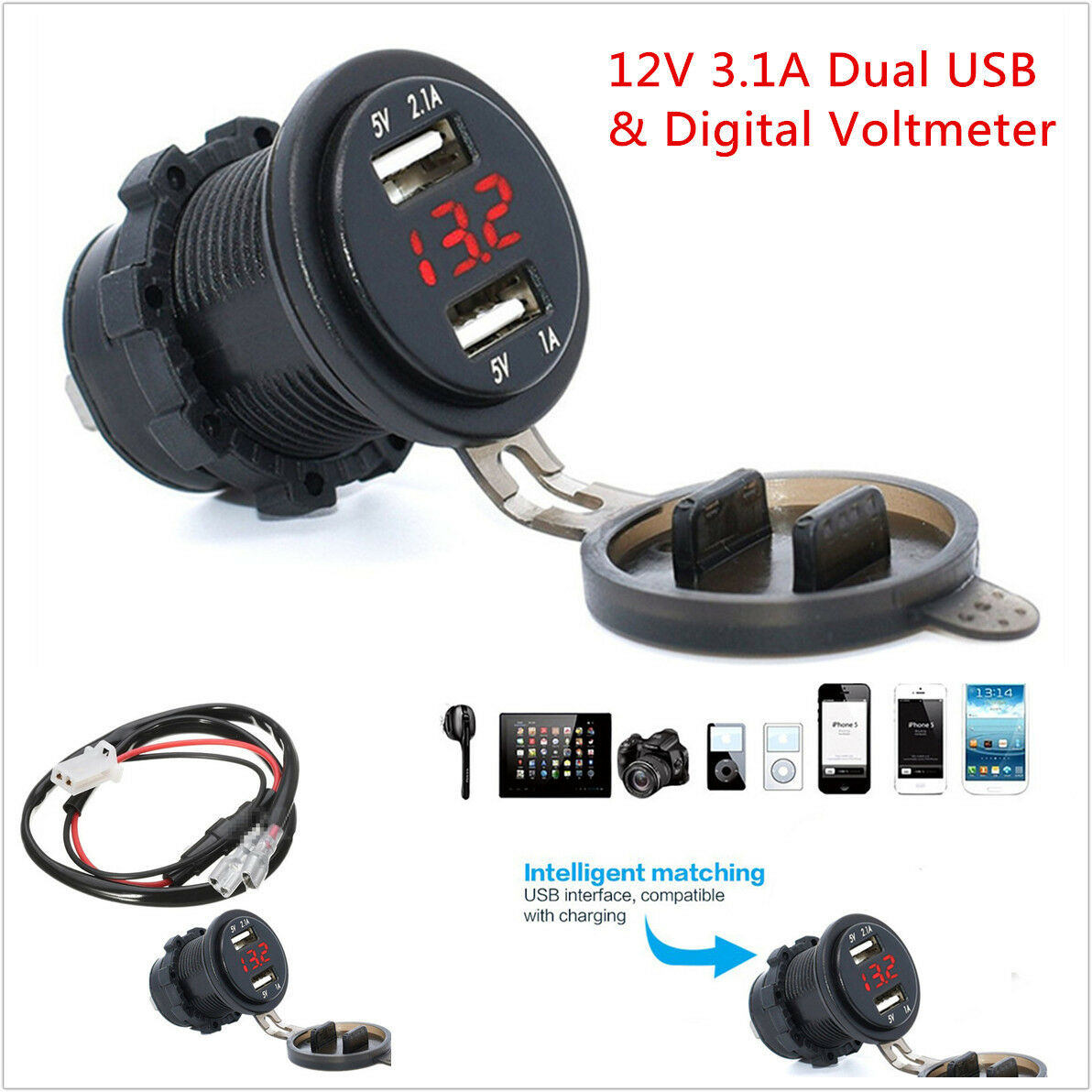 Car Motorcycle 12V 3.1A Dual USB Charger Socket Red LED Light Voltage Voltmeter