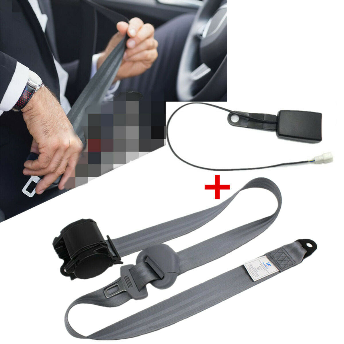 Grey 3 Point Retractable Iron Plate Style Car Seat Belt Lap with Warning Cable