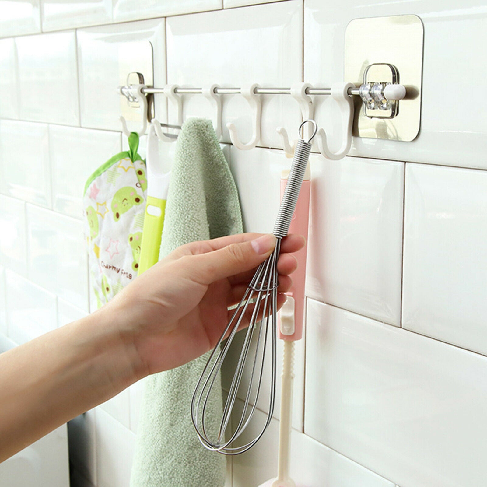 Wall Rack Kitchen Rail Rack Hook Punch Free Organizer Removable Hooks Coats