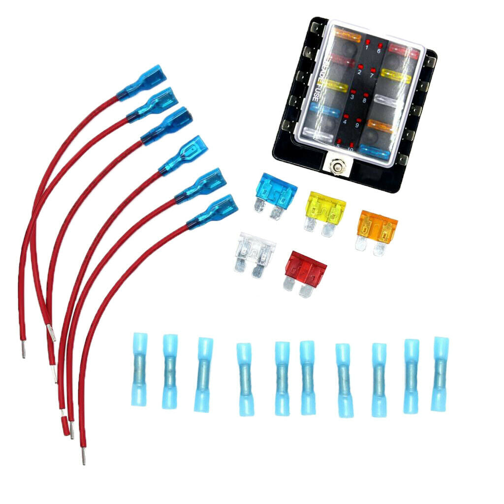 10 Way Universal Car Truck Boat Blade Fuse Box Holder Block w/ LED Indicator