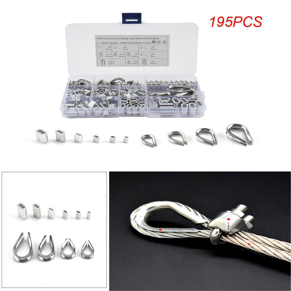 195PCS Stainless Steel Casing and 6 Size Aluminum Crimp Ring Casing Sorting Kit