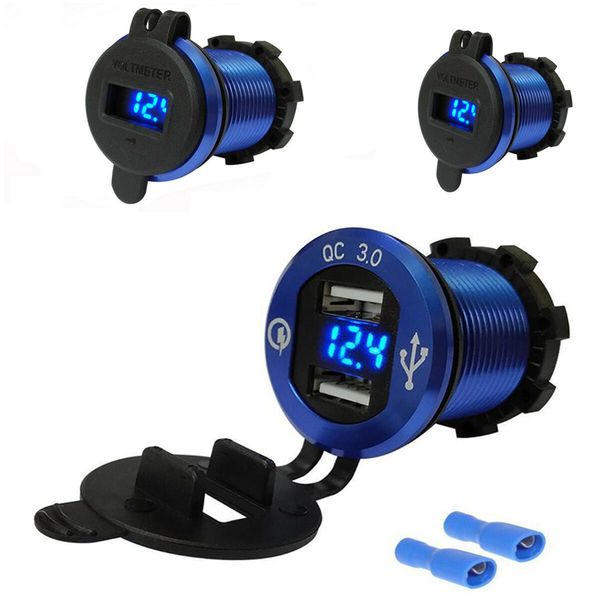 1x Aluminum Motorcycle 2 USB Charger With Blue LED Digital Display of Voltage