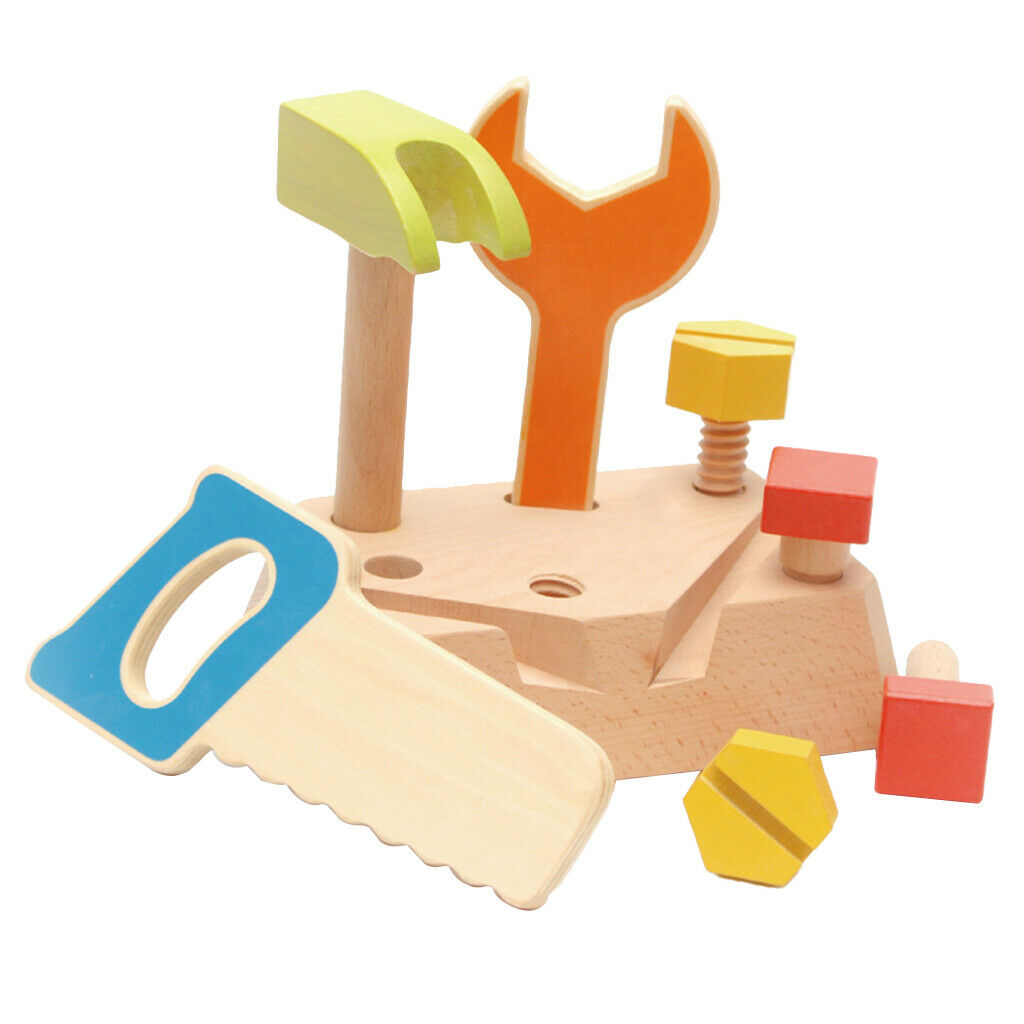 Wooden Construction Working Tools Play Set with a Wooden Base, Preschool Toys