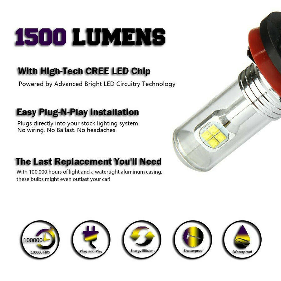 2 x CREE LED H8/H11 Low Beam Fog Light Bulb 360Â° beam white 6000K 80W Waterproof