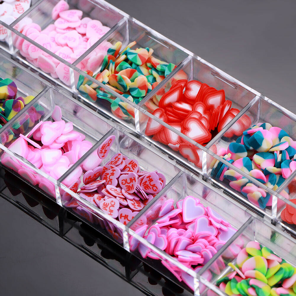 12 Grids Heart Nail Art Decoration Polymer Clay Slices Nail Art Decals Tips US