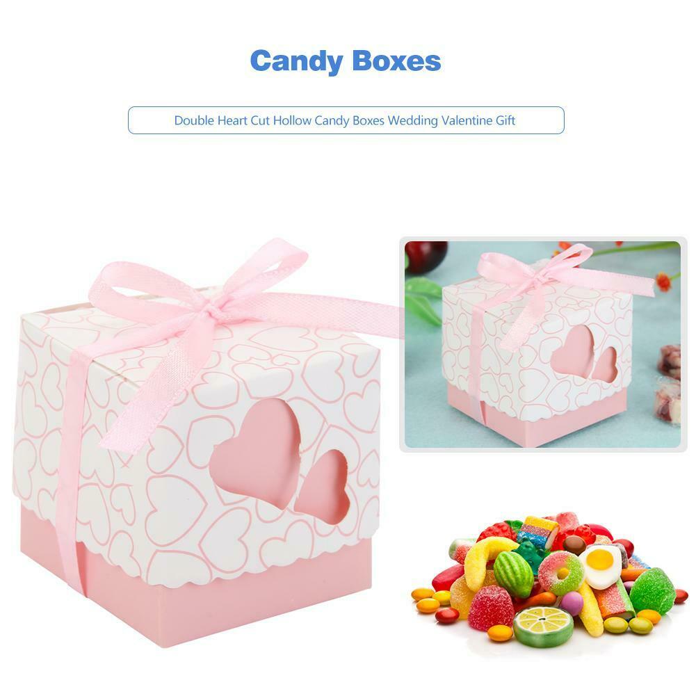 10pcs Double Heart Cut Hollow Candy Boxes Wedding Valentine Gift (Pink) @