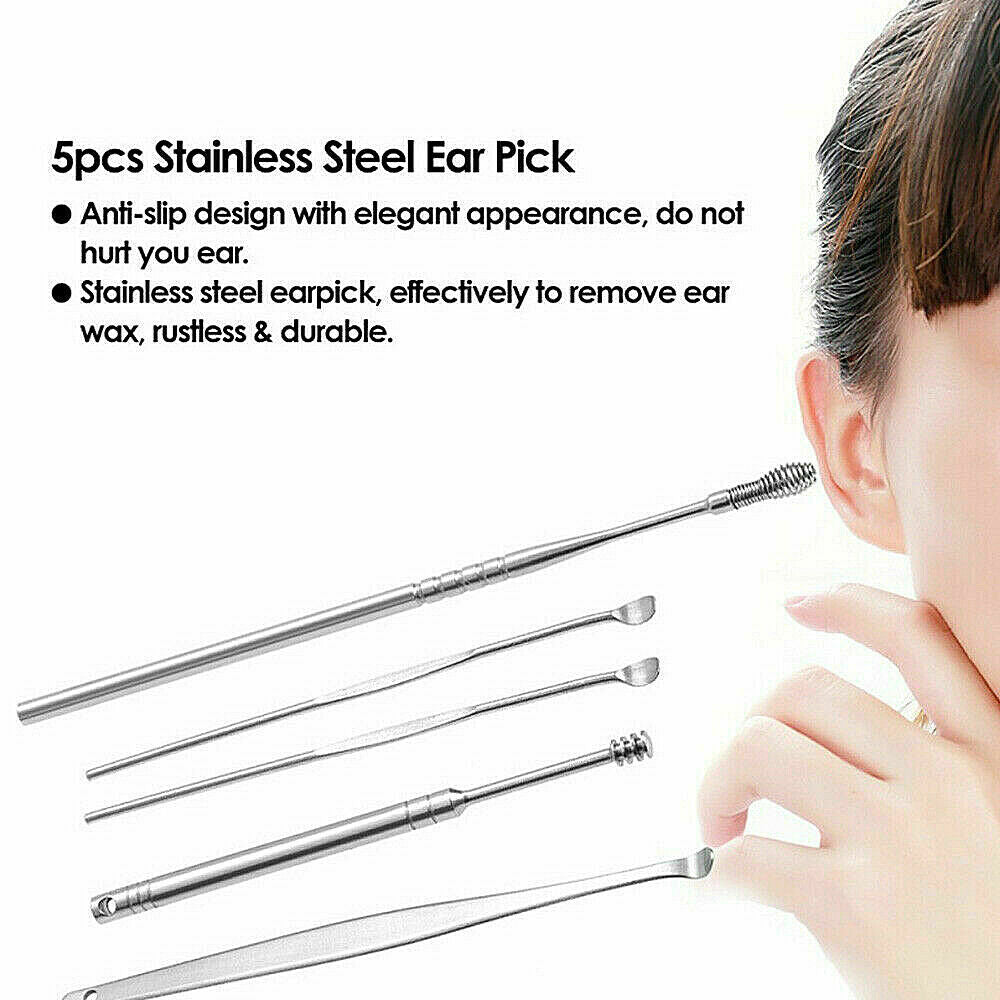 5Pcs Stainless Steel Spiral Ear Picks Spoon Wax Removal Cleaner Ear Care Tools