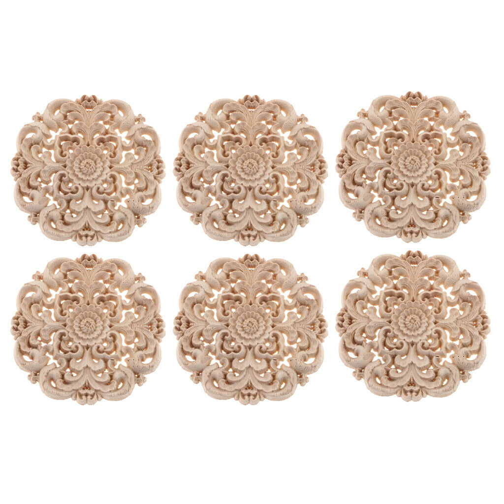 6Pcs Round Wood Carved Flower Appliques Elegant Cabinet Onlay Craft Unpainted