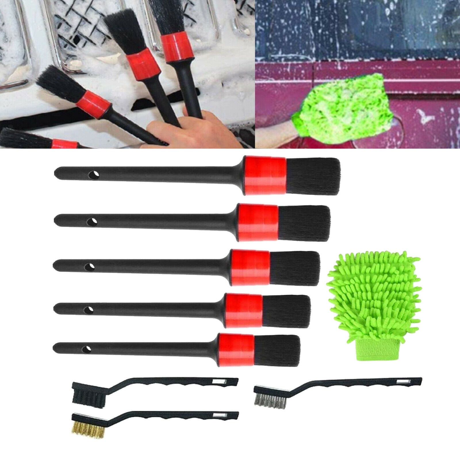 9pcs Detailing Brush Set Cleaning Brushes Glove for Cleaning Engine Emblems