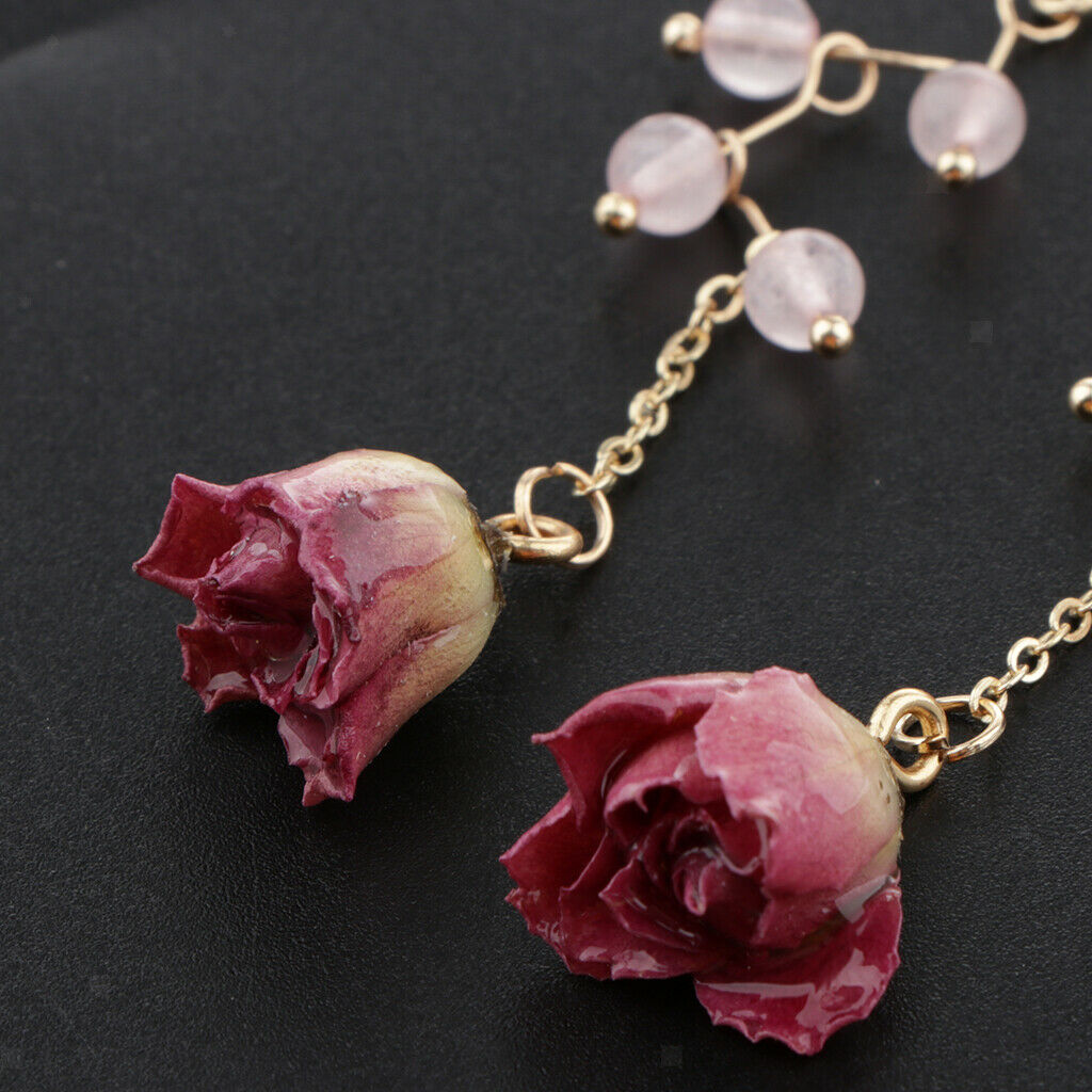 Boho Drop Dangle Dried Rose Flower Earrings Ear Studs Womens Ear Jewelry