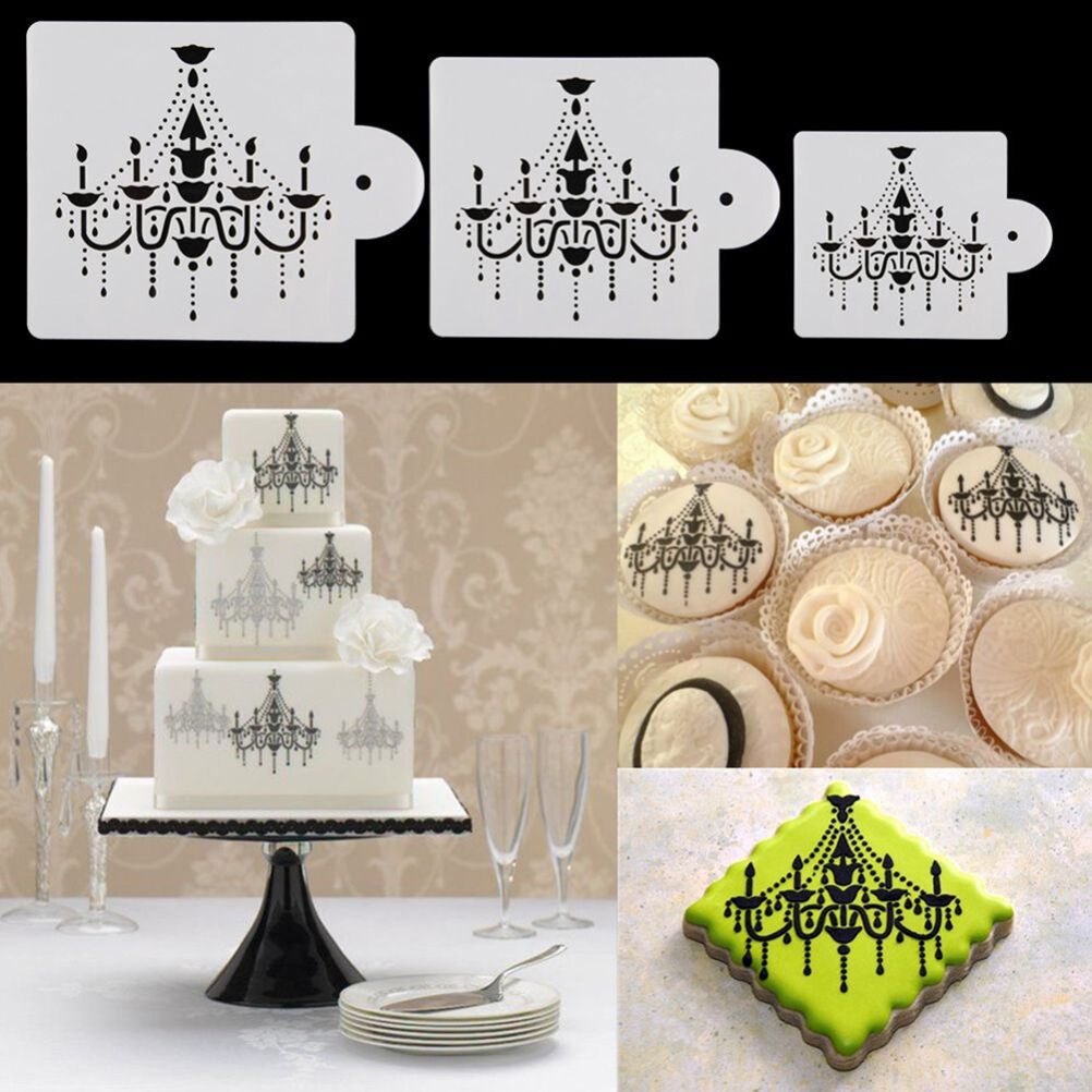 3x Chandelier Lace Wedding Cake Cookie Fondant Baking Stencil Decorating T.l8