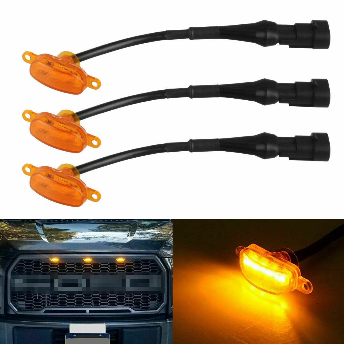 3Pcs Smoked Amber Yellow LED Front Grille Running Lights For Ford Raptor F-150