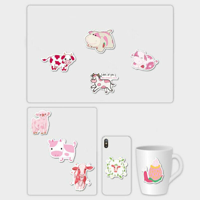 50Pcs Cartoon Pink Strawberry Cow Stickers Laptop Skateboard Luggage StickerBU