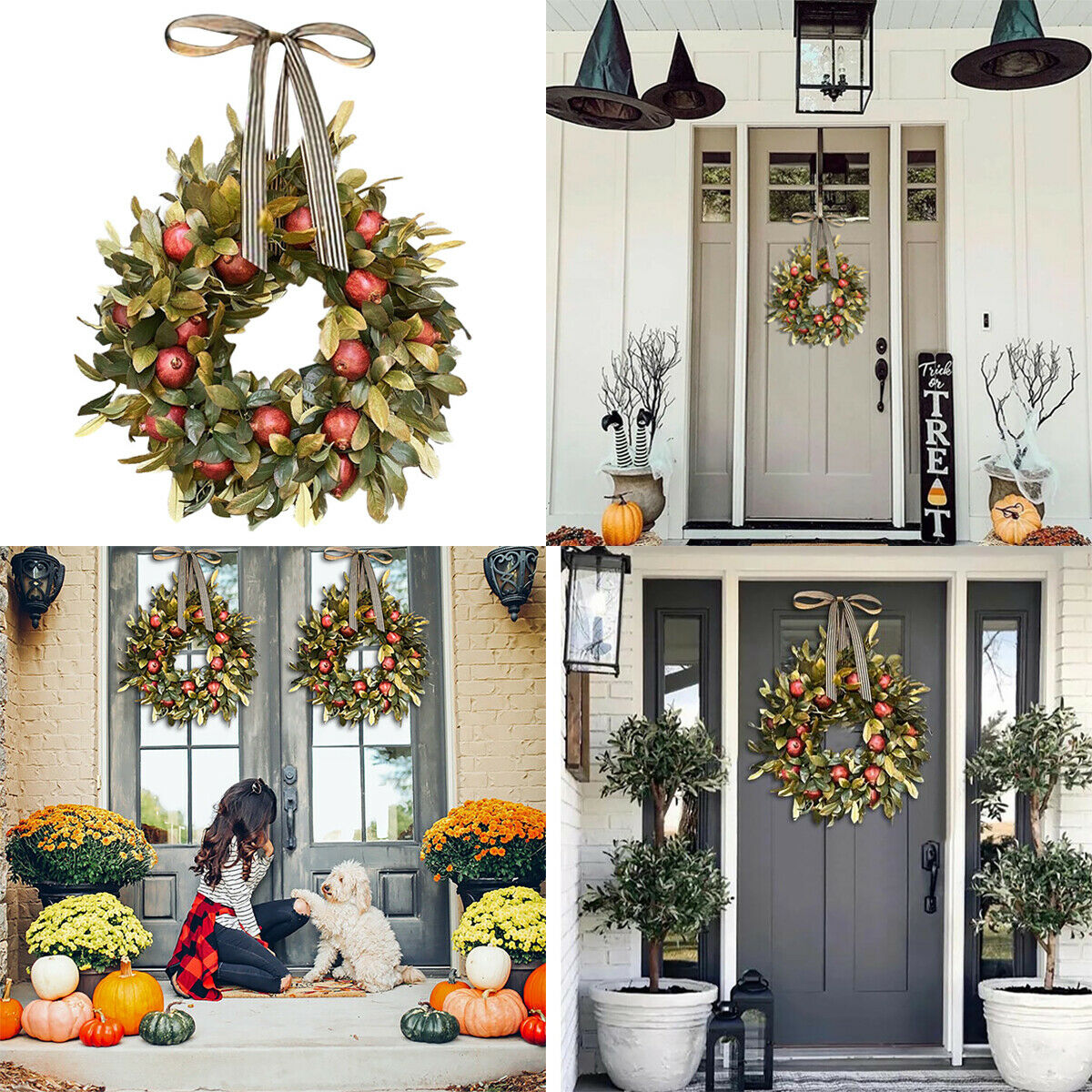 Fall Pomegranate Wreath Green Plants Indoor Outdoor Home Window Wall Decoration