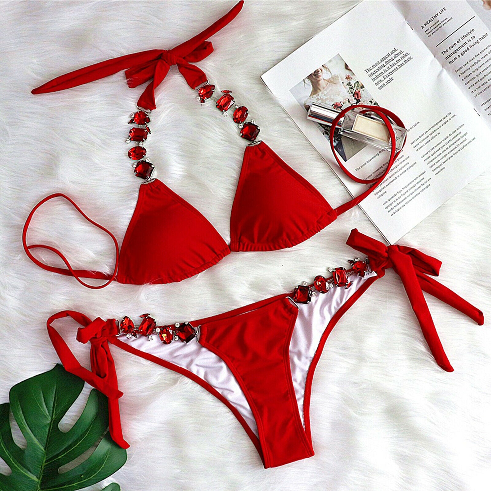 Women's Rhinestone Swimsuit Push Up Bra Bikini Set Bathing Suit Swimwear M Red