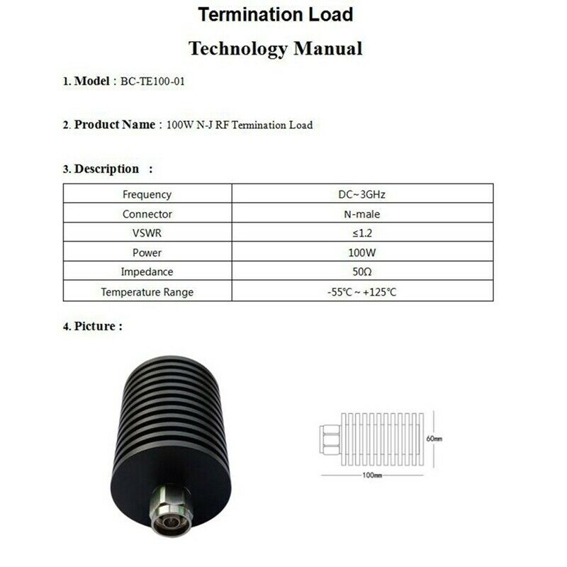 100W Dummy Load N Male Connector DC - 3GHz 50 Ohm RF Coaxial Termination I4L5
