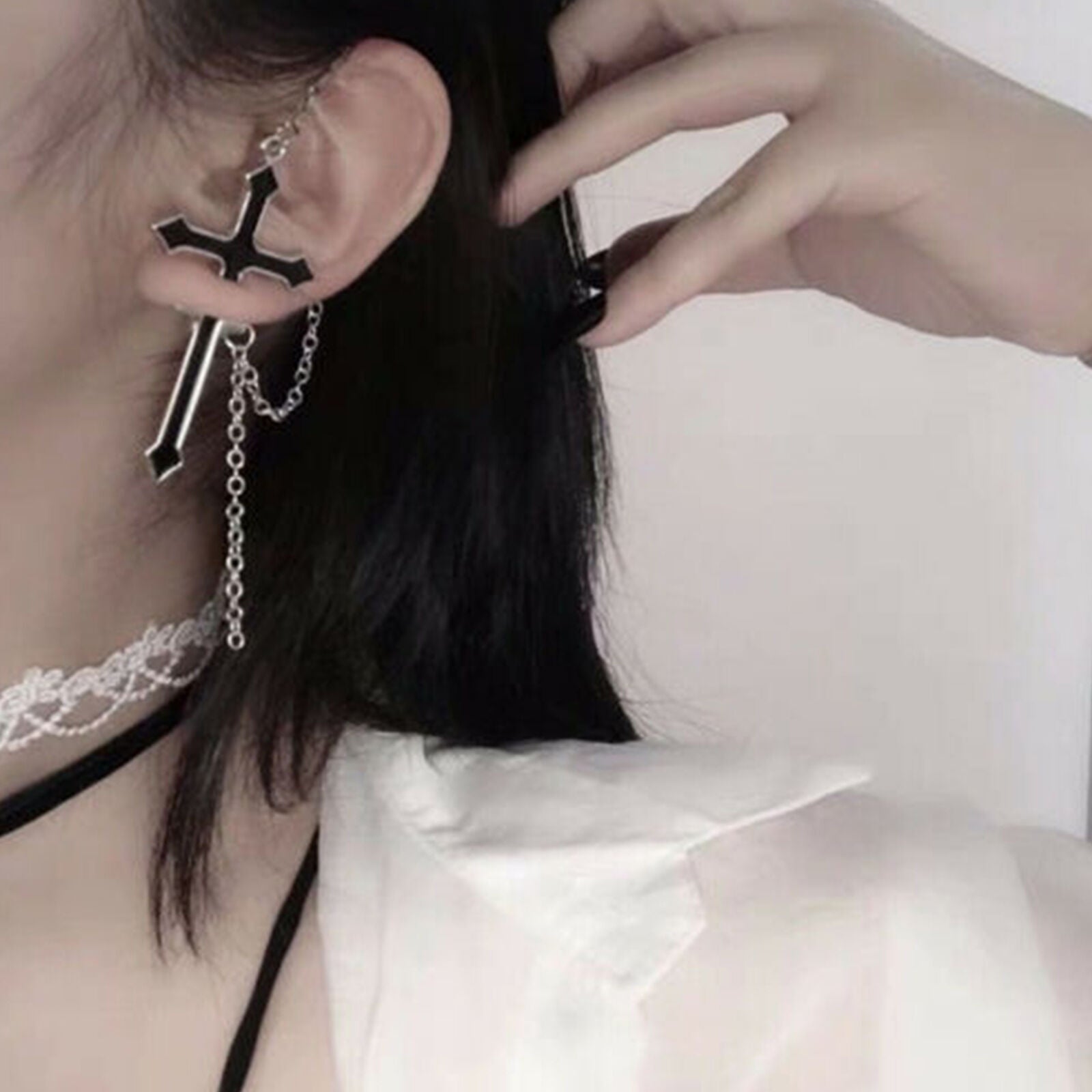 Goth Punk Rock Black Cross Chain Wrap Cuff Earrings Jewelry Piercing Required