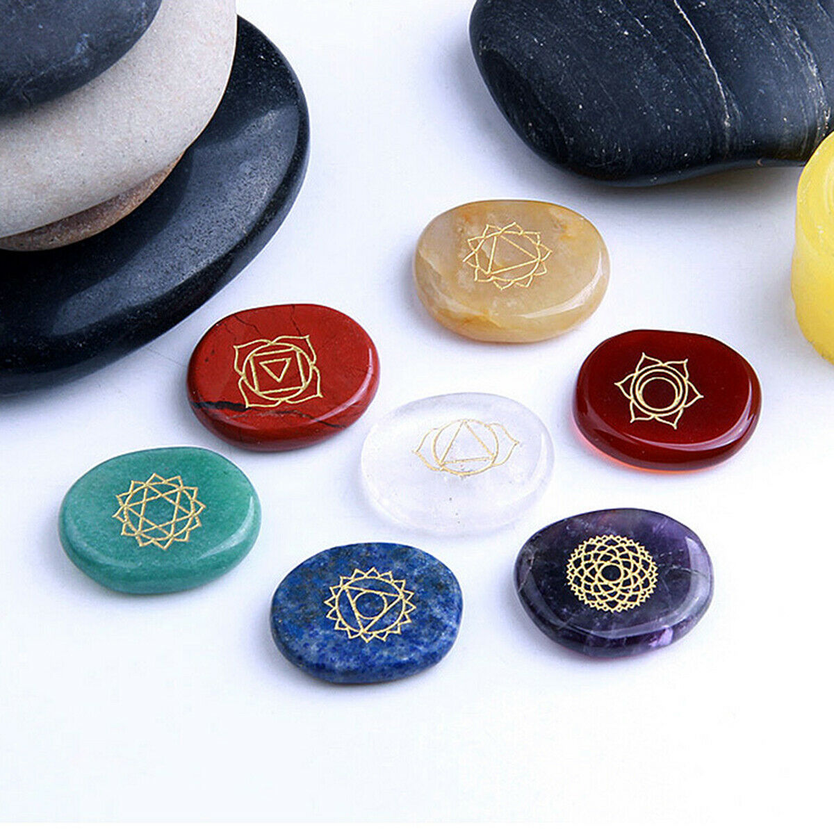 7 Chakra Engraved Gems Set Reiki Healing Quartz Crystal Meditation Stones