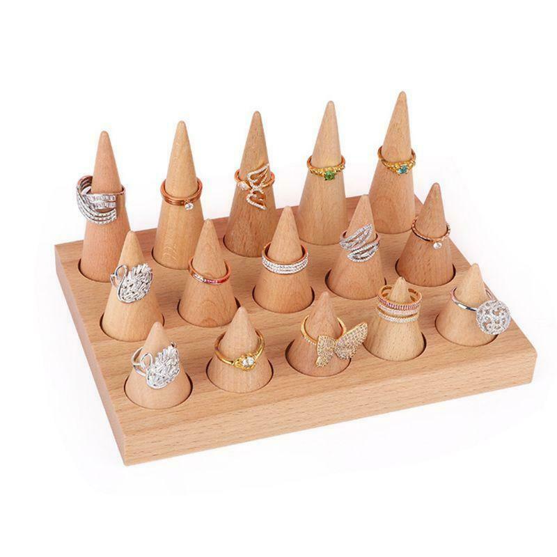 Natural Wood Finger Ring Stand Jewelry Display Holder Showcase Bracelets Display