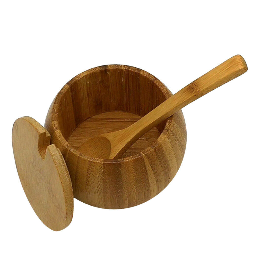Bamboo Solid Wood Spice Jar Sugar Bowl, Salt Pepper Seasoning Box with Spoon and