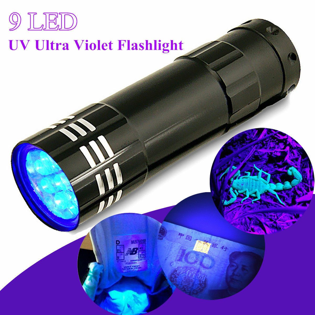 Mini 9 LED Aluminum UV Ultra Violet Hand Flashlight Blacklight Torch Light Lamp