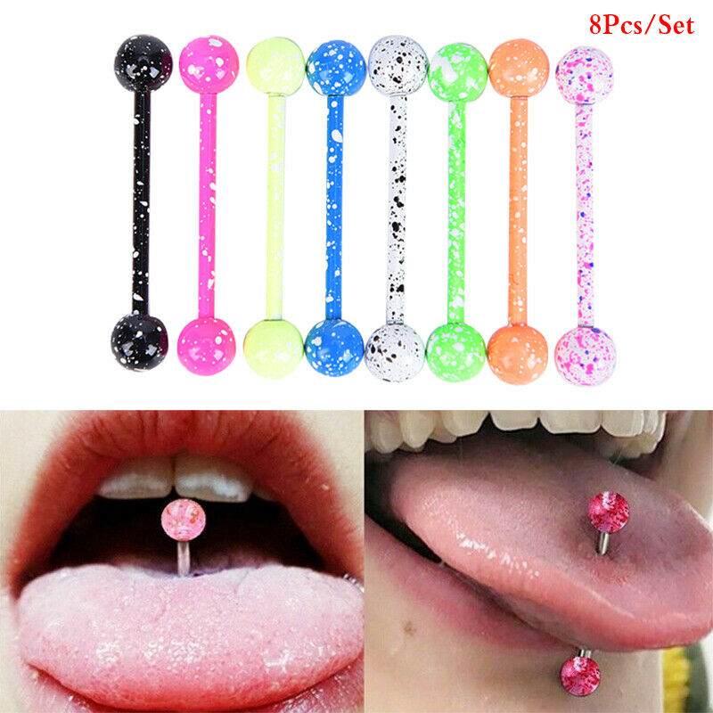 8PCS/t Mix Stainless Steel Colorful Barbell Tongue Bar Ring Piercing Jewe.l8