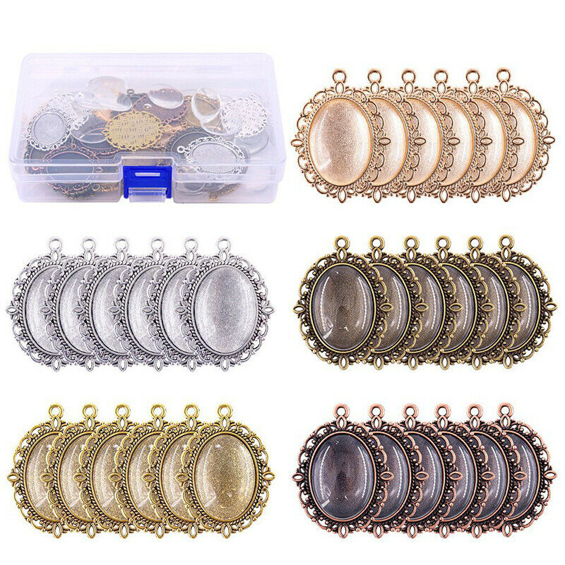 60Pcs 5 colors Round Pendant Trays Glass Cabochon Crafting DIY Jewelry Makin DD
