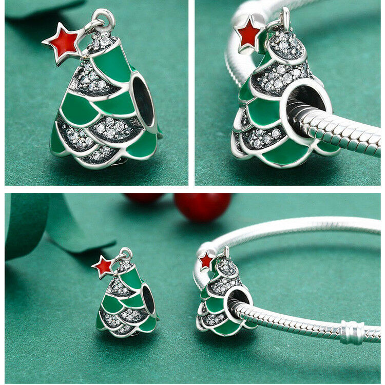 925 Sterling Christmas beads Tree & Star Clear CZ Charm Beads fit Women Bracelet