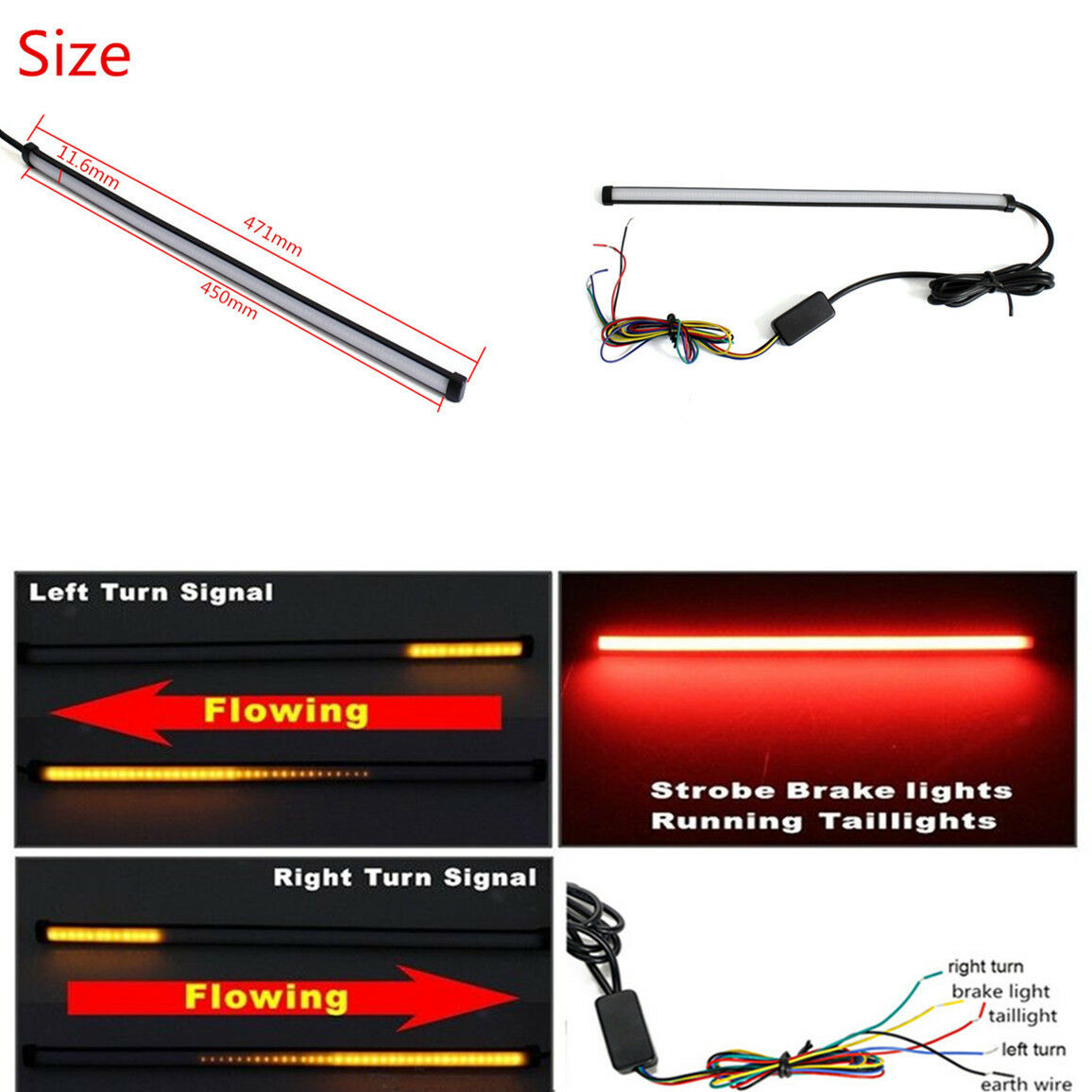45cm Motorcycle Flowing LED Tail DRL Brake Turn Signal Strobe Strip lights Lamp