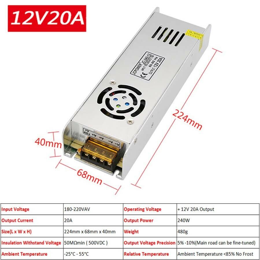 DC 12V 20A 250W Regulated Switching Power Supply LED Strip PSU Built-in Fan