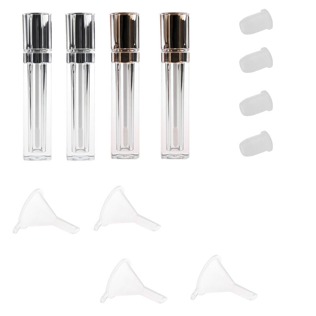 4 Pieces Empty Plastic Tube 8ml Makeup Lip Gloss + 4pcs Funnel + 4pcs Caps