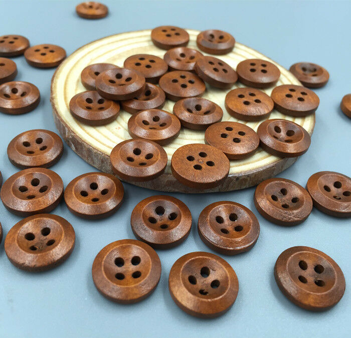 DIY100pcs Brown 4 Holes Wooden Buttons Sewing Scrapbooking Diameter 15mm