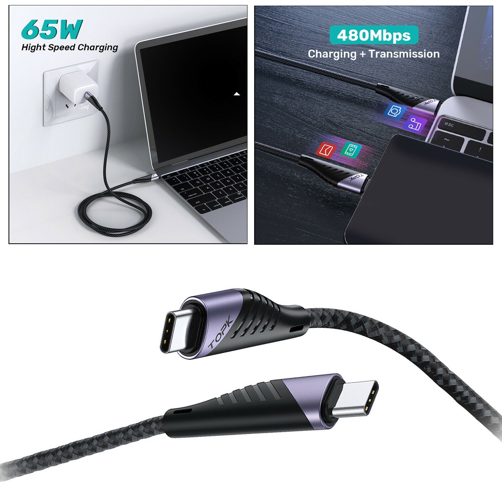 USB C to USB C Fast Charging Cable 65W PD USB 3.1 Type C Charger Cord 6.6ft