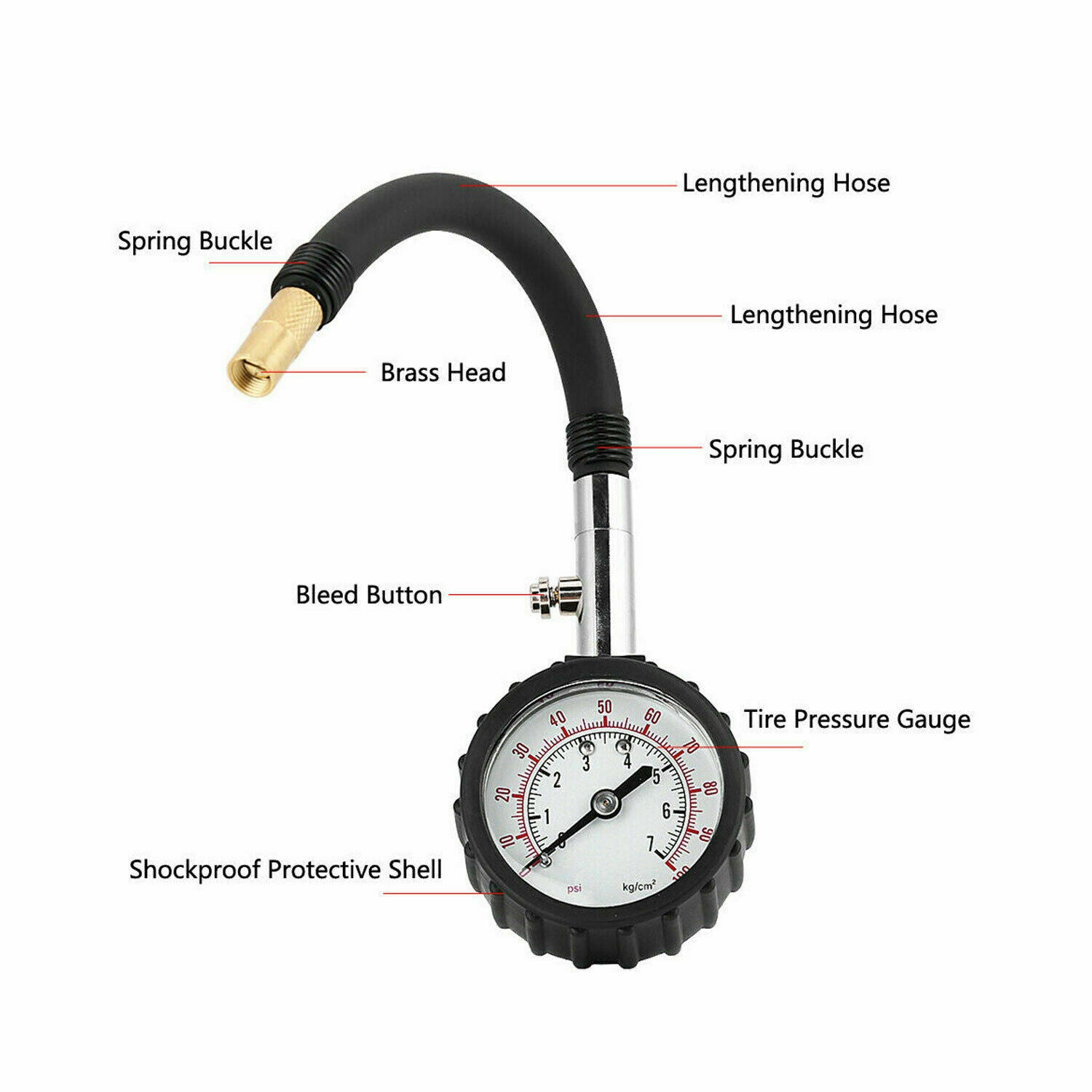 Motorcycle Tire Pressure Gauge 0-100 PSI Tire Gauge with Flexible Air Chuck