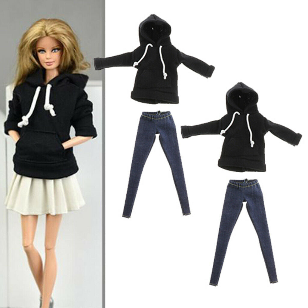2x Fashionable BJD Clothing Black Hoodie with Jeans Pants for 1/6 Dollfie SD