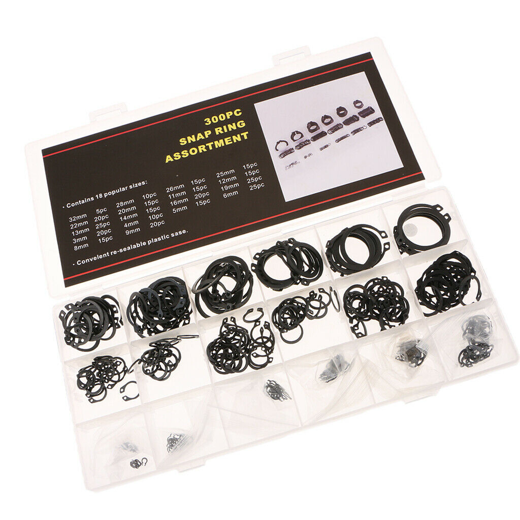 300 Pcs C-Clips Retaining Ring Snap Rings Assortment Kit 18 Sizes with Case