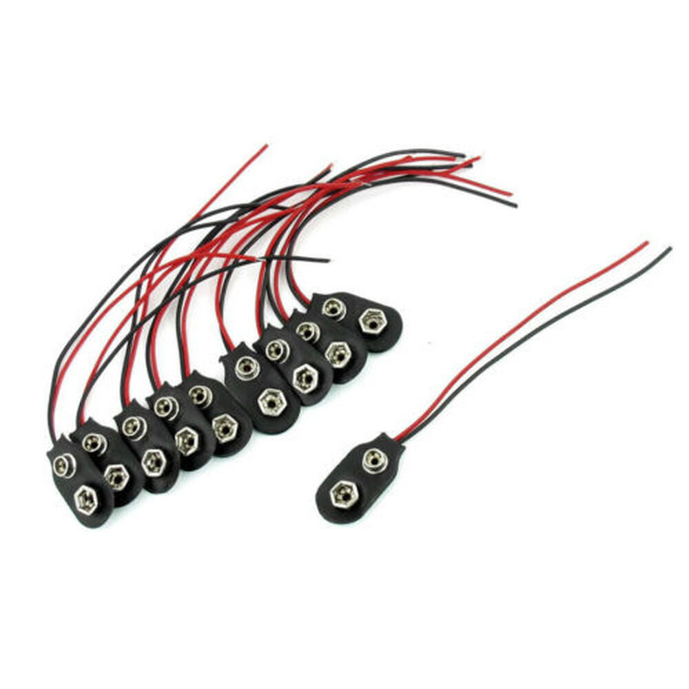 10 Pcs Snap 9V (9 Volt) Battery Clip Connector I Type Black w Cable Black