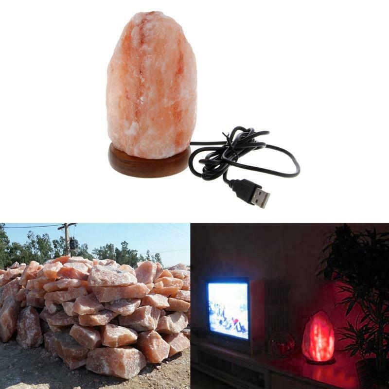 Hand Carved USB Wooden Base Himalayan Rock Salt Lamp Air Purifier Night Lights
