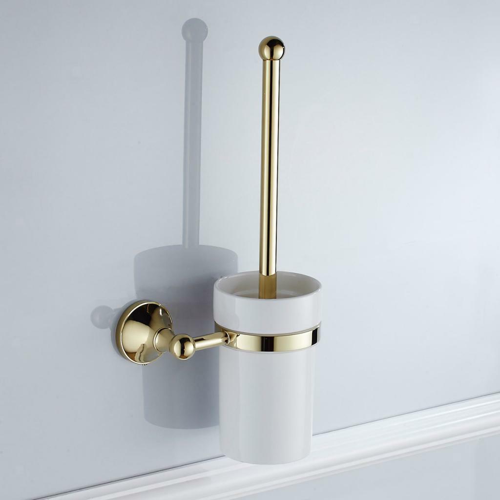 New Golden Brass Bathroom Toilet Cleaning Brush Holder Cup Wall Mounted Set