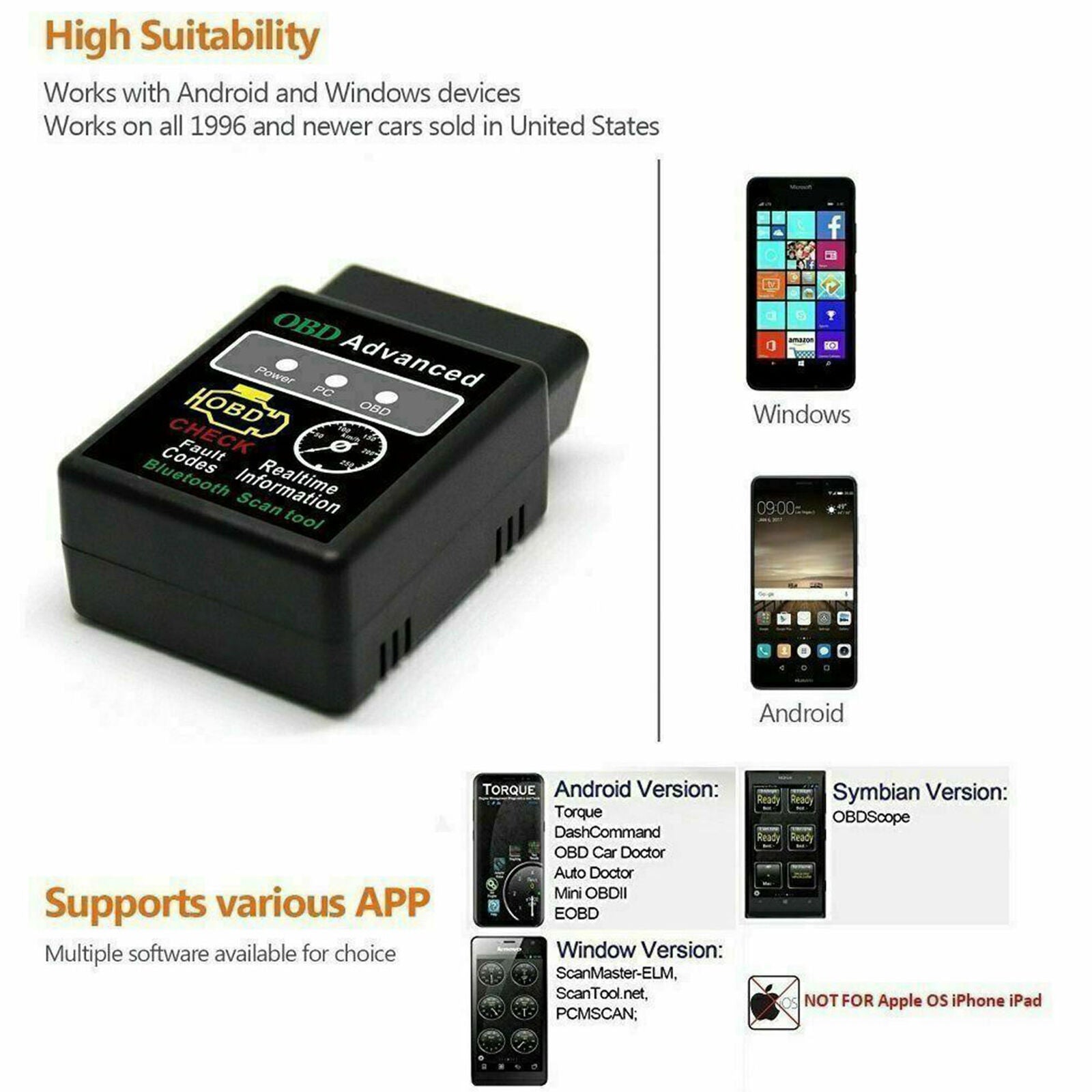 OBD2 Car Bluetooth Code Scanner Reader ELM 327 Automotive Diagnostic Tool OBDII
