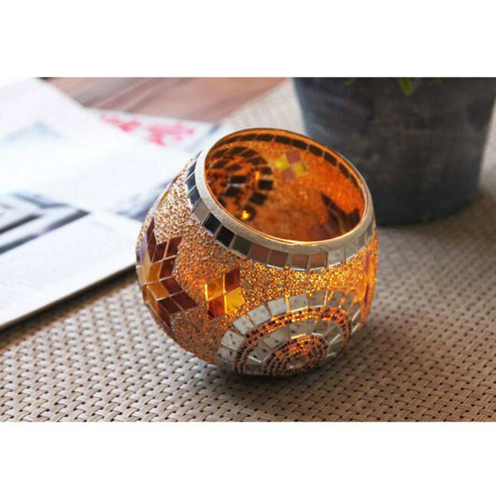 Mosaic Round Glass Gyro Candle Holder Ornament Decor Home Restaurant Spa Orange
