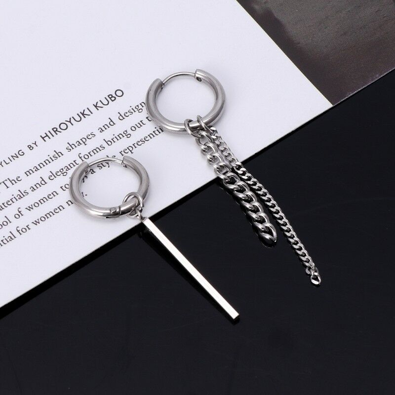 Korean Titanium Hip Pop Double Tassel Chain Drop Earrings Geometric Hoop Jewelry