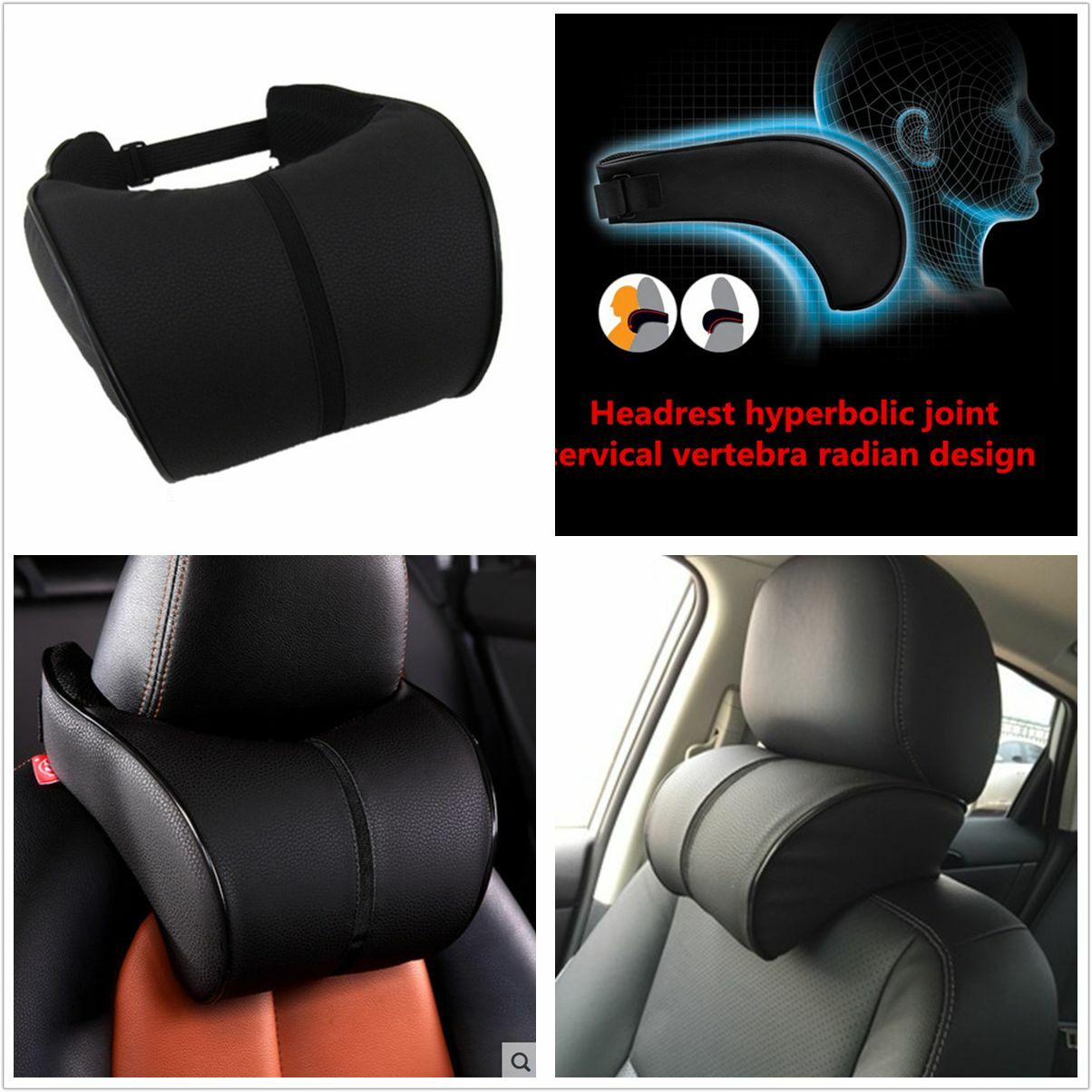 Black PU Leather Car Ergonomic Memory Cotton Headrest Neck Rest Cushion Pillow