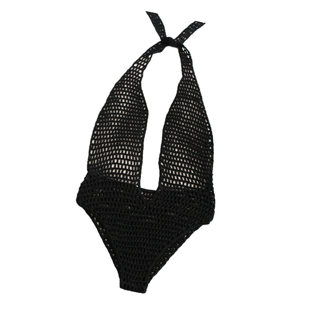 Women Black Crochet Knit Beach Bikini Monokini Halter Deep V-neck Swimwear L
